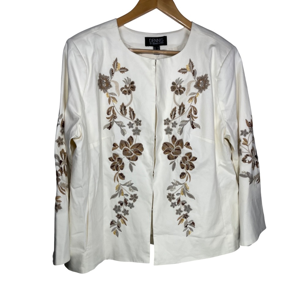 Dennis by Dennis Basso QVC Jacket Womens M Ivory‎ Floral Embroidered Sequin Luxe